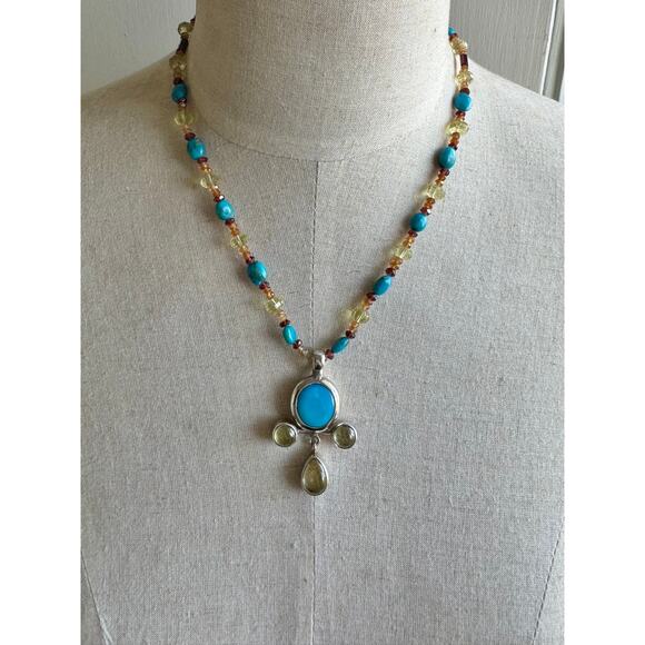 Arizona Turquoise Lemon Citrine Cross Handmade Sterling Silver Beaded Chain - Picture 2 of 7